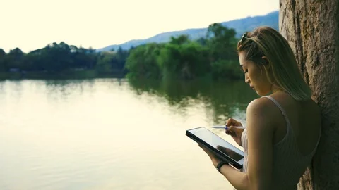 Drawing by the lake Video stock 129960128