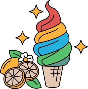 A drawing of a lemon and orange on a table with a scoop of ice cream in a con Stock Illustration
