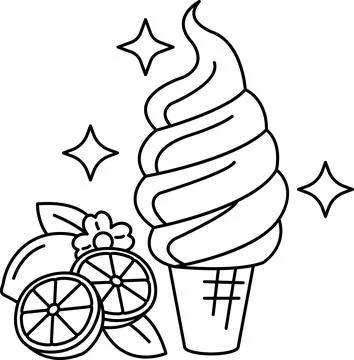 A drawing of a lemon and orange on a table with a scoop of ice cream in a con Stock Illustration