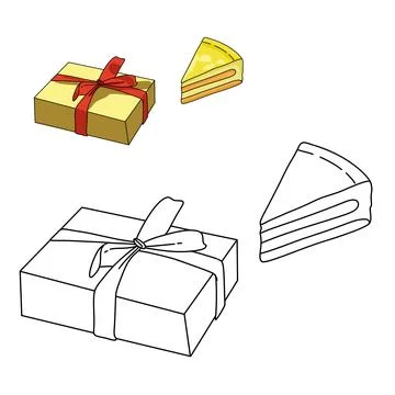 A drawing of a lemon cake and a box with a ribbon coloring food page for educati Stock Illustration