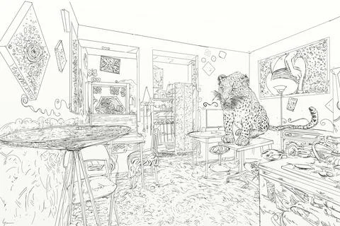 Drawing of a leopard in the interior of an old house Stock Illustration