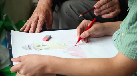 Drawing lesson outdoors, old teacher, student, teenage boy, hands, close up Stock Footage 40686761