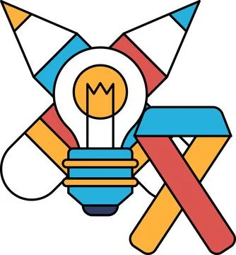 A drawing of a light bulb and a pencil with a ribbon in the background Stock Illustration