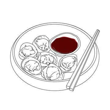 A drawing line art of a plate with dumplings and sauce coloring food page Stock Illustration