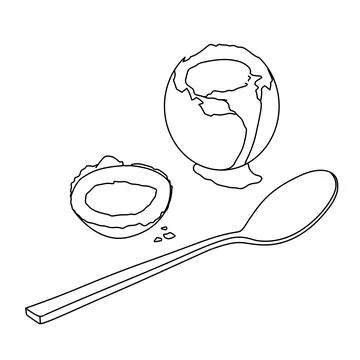 A drawing line art of a spoon and an boiled egg coloring food page for kids educ Stock Illustration