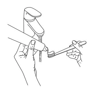 A drawing line art of two hands holding a toothbrush and water tap in the bathro Stock Illustration