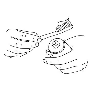 A drawing line art of two hands holding a toothbrush in the bathroom coloring pa Stock Illustration