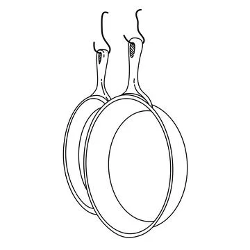 A drawing line art of two iron cast frying pans hanging on a hook. Kitchen utens Stock Illustration