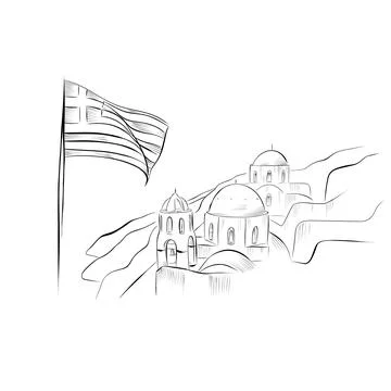 Drawing lines. line art landscape of Greece, flag. Vector Stockillustratie