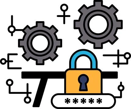 A drawing of a lock and a key with a series of gears surrounding it Stock Illustration