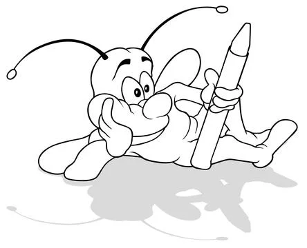 Drawing of a Lying Beetle Holding a Wax Crayon Stock Illustration