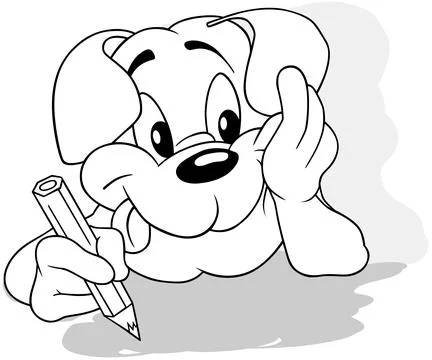 Drawing of a Lying Doggy with a Crayon in its Paw Stock Illustration