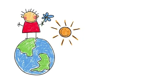 Drawing made by a 3 year old with a kid standing on planet earth suggesting he Stock Footage 131177753