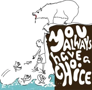 Drawing man hanging on a cliff with artwork inscription. Stock Illustration