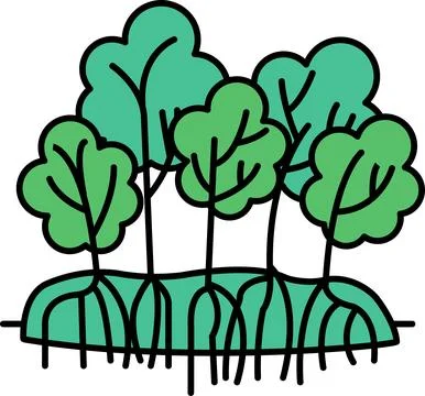 A drawing of a mangrove forest with trees and roots Stock Illustration