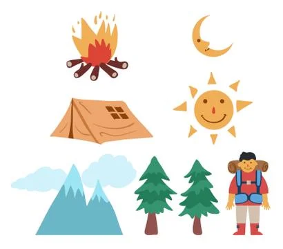 Drawing Of Mountain Camping Graphic Set Stock Illustration