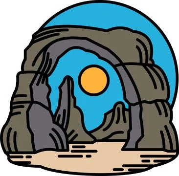 A drawing of a mountain range with a large archway and a sun in the sky Stock Illustration