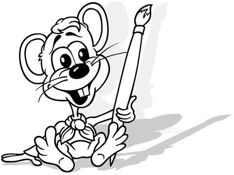 Drawing of a Mouse Sitting on the Ground with a Brush in its Paw Stock Illustration