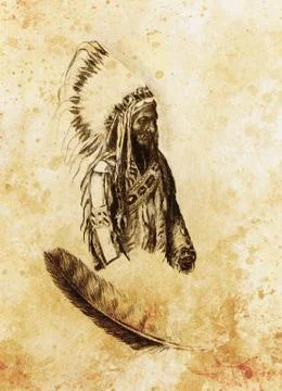 Drawing of native american indian foreman Sitting Bull - Totanka Yotanka Stock Illustration