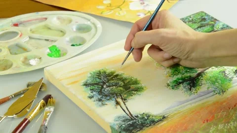 Drawing a nature on canvas Stock Footage 148323271