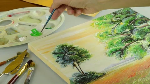 Drawing a nature on canvas Stock Footage 148323285