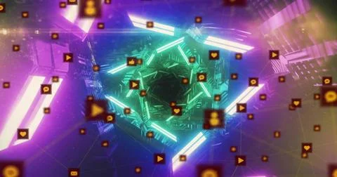 Drawing neon teal hexagonal vortex pulling social icons inward in digital hub, Illustrazione stock