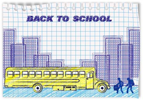 Drawing on a notebook sheet in ink. Back to school. Children go to yellow bus 스톡 일러스트