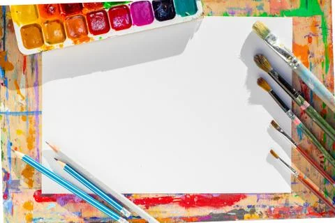 Drawing objects background. Pencils, paint brushes, paints Stock Photos