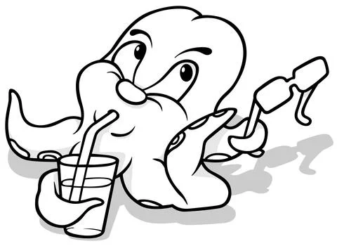 Drawing of an Octopus Drinking Lemonade and Holding Sunglasses in its Tentacl Stock Illustration