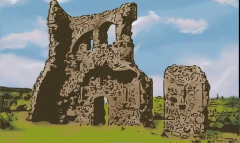 Drawing of old castle ruins with clouds in the azure sky Stock Illustration