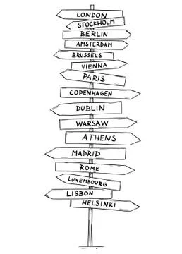 Drawing of Old Road Directional Arrow Sign With Names of Some European Capital Stockillustratie
