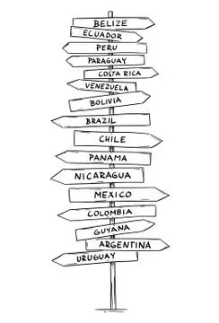 Drawing of Old Road Directional Arrow Sign With Names of Some South or Latin Stock Illustration