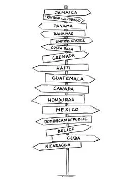 Drawing of Old Road Directional Arrow Sign With Names of Some North or Middle Stock Illustration
