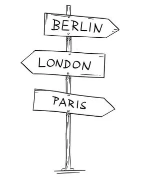 Drawing of Old Three Directional Arrow Road Sign With Berlin, London and Paris Stock Illustration