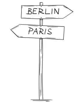 Drawing of Old Two Directional Arrow Road Sign With Berlin and Paris Texts イラスト素材