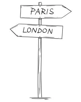 Drawing of Old Two Directional Arrow Road Sign With London and Paris Texts Stock Illustration