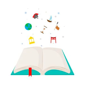 Drawing of an open book. A cloud of thought forms around. Textbook history Stock Illustration