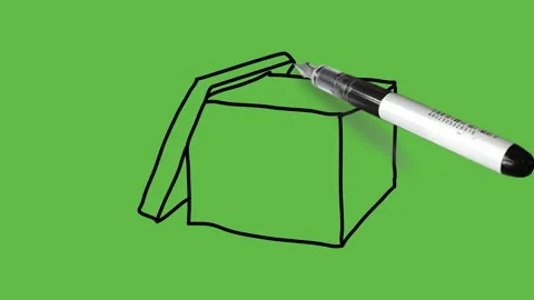 Drawing  open brown box with led with black outline on abstract green background Vidéo 157430850