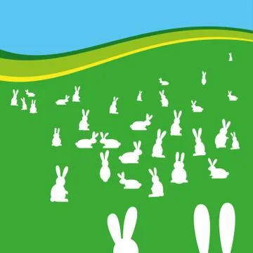 Drawing of open field with rabbit multitude. Stock Illustration