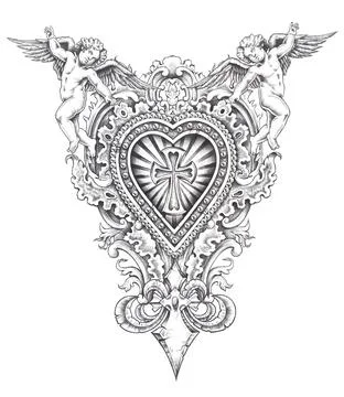 Drawing of an ornamental heart with cherubs Stock Illustration