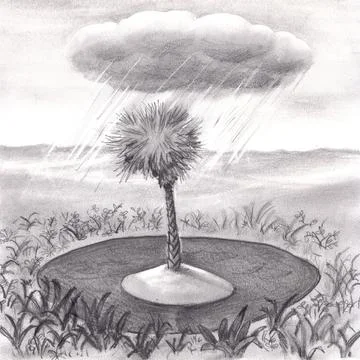 Drawing of a Palm Tree Surrounded by Water Being Rained on in the Day Stock Illustration