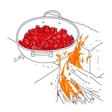 A drawing of a pan with red meat in it cooked on a wood stove in the middle of t Stock Illustration