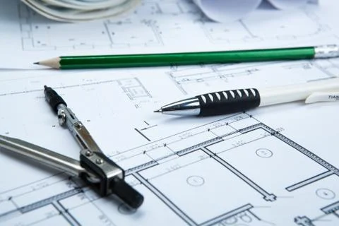 Drawing on paper and tools Stock Photos