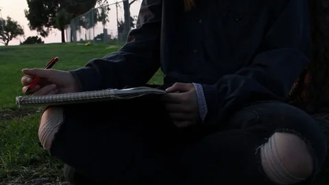Drawing in park, looking around for ideas Stock Footage 101877469