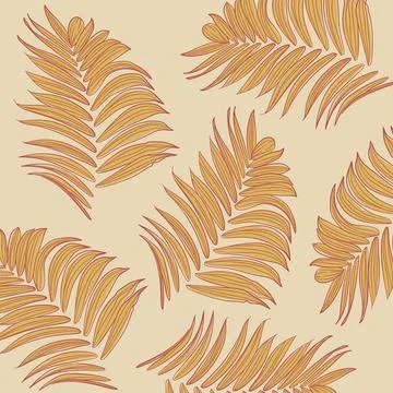 A drawing pattern of palm leaves red line on a beige background. Soft color back Stock Illustration