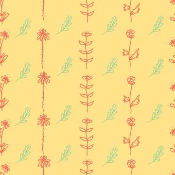 A drawing of a pattern of red and green leaves on a yellow background. Floral Illustrazione stock