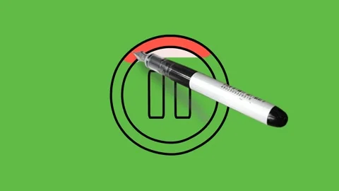 Drawing pause button in red circle in red, black and white colour on green scree Stock Footage 156401898
