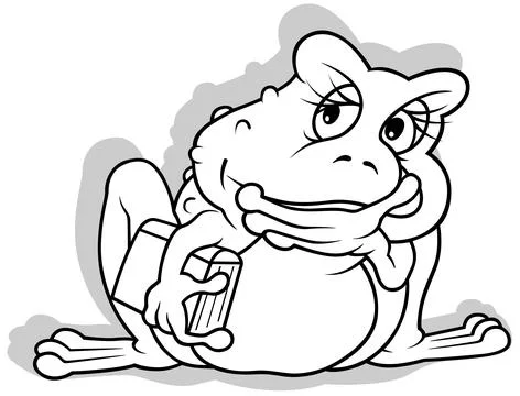 Drawing of a Pensive Frog with a Book Stock Illustration