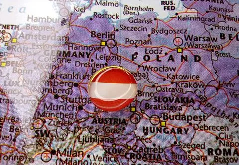 Drawing pin flag of Austria on the map Stock Photos