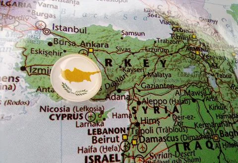 Drawing pin flag of Cyprus on the map Stock Photos